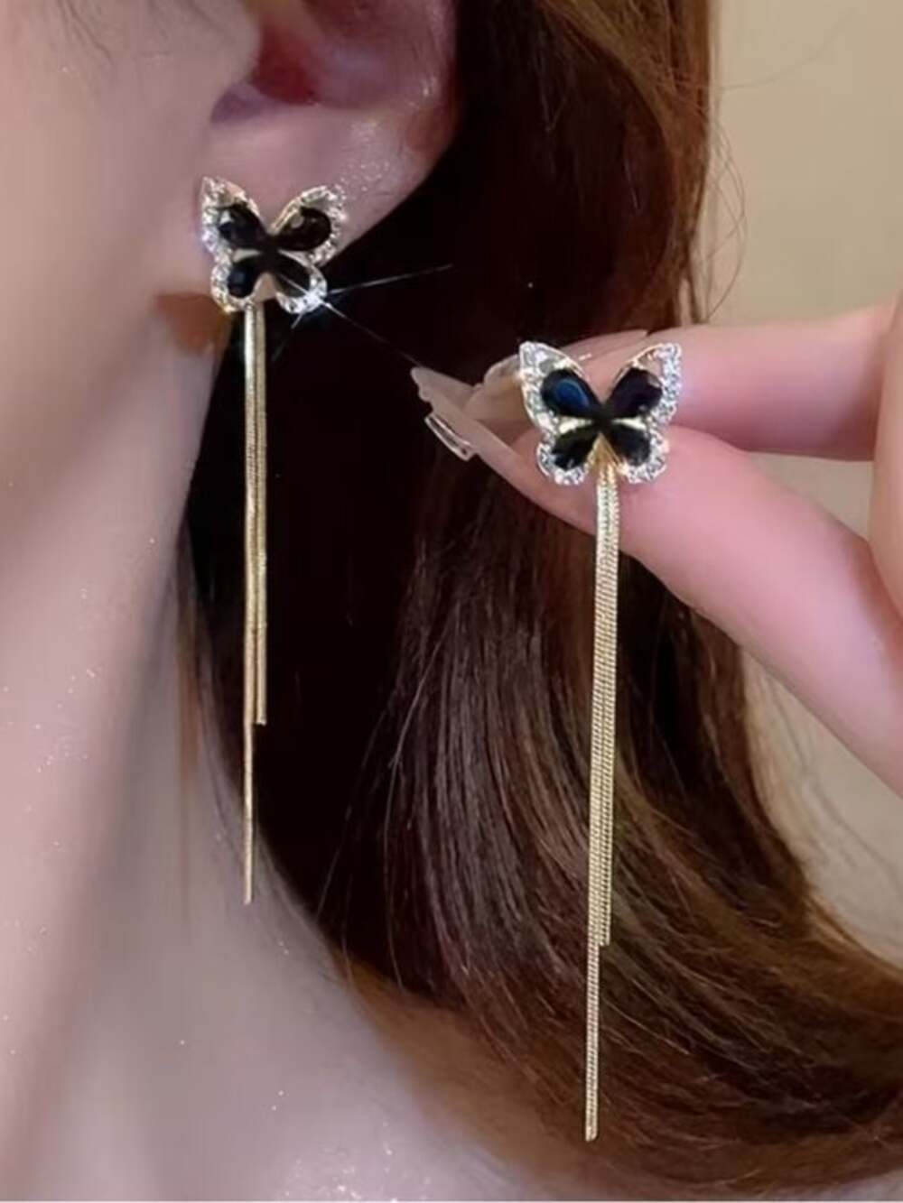 Gold Butterfly Drop Earrings with Black Enamel Accent - Picture 2 of 4